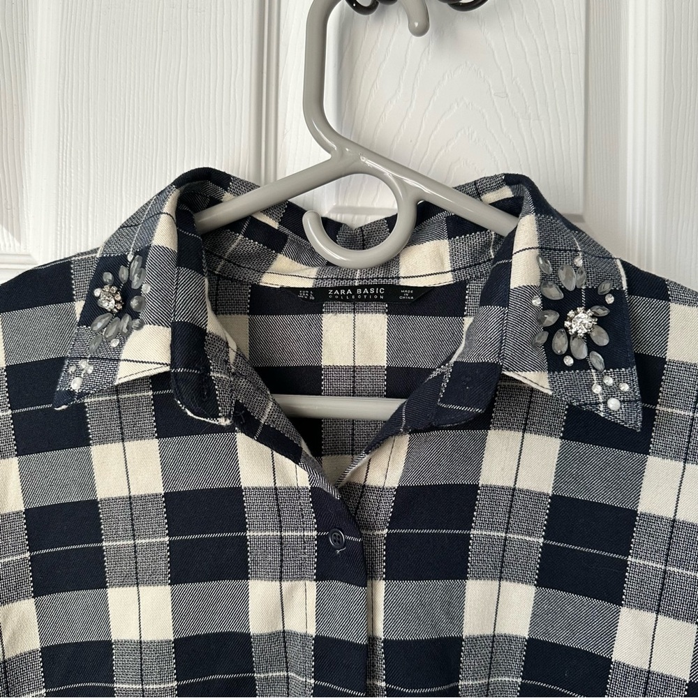 Zara Oversized Plaid Shirt Dress w/ Jeweled Collar Black and Ivory size Large - Picture 5 of 9